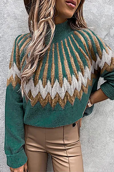 Heidi-Mode | Damen Gestrickter Pullover Mit Rollkragen & Vintage-Ethno-Print