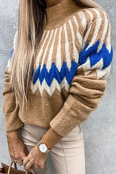 Heidi-Mode | Damen Gestrickter Pullover Mit Rollkragen & Vintage-Ethno-Print