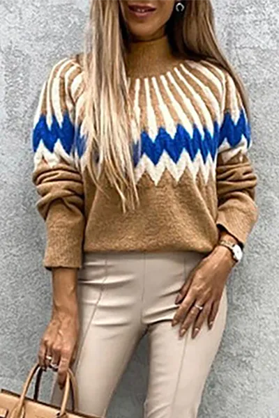 Heidi-Mode | Damen Gestrickter Pullover Mit Rollkragen & Vintage-Ethno-Print