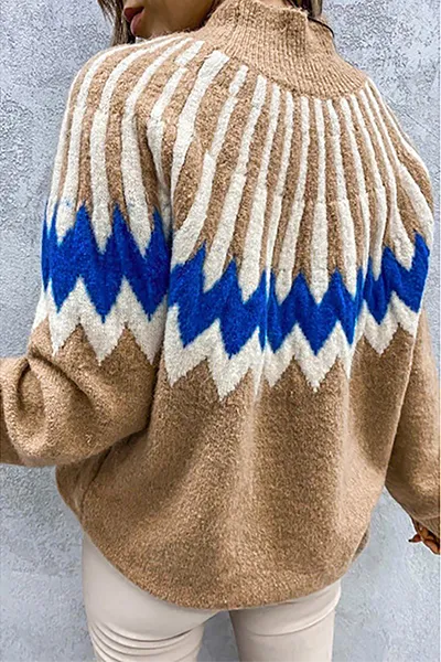 Heidi-Mode | Damen Gestrickter Pullover Mit Rollkragen & Vintage-Ethno-Print