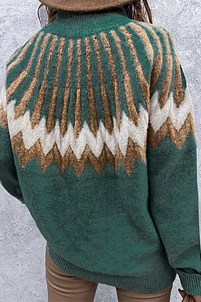 Heidi-Mode | Damen Gestrickter Pullover Mit Rollkragen & Vintage-Ethno-Print