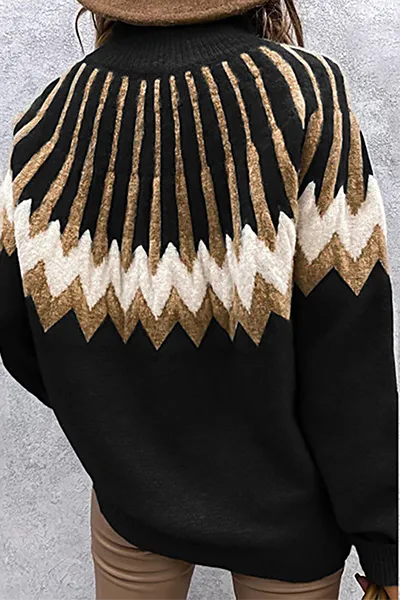 Heidi-Mode | Damen Gestrickter Pullover Mit Rollkragen & Vintage-Ethno-Print