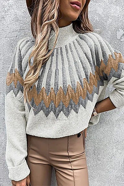 Heidi-Mode | Damen Gestrickter Pullover Mit Rollkragen & Vintage-Ethno-Print