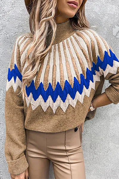 Heidi-Mode | Damen Gestrickter Pullover Mit Rollkragen & Vintage-Ethno-Print